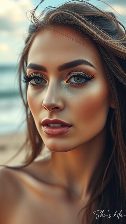 Close-up of a woman with shimmering gold eye makeup, long lashes, and a natural lip color.