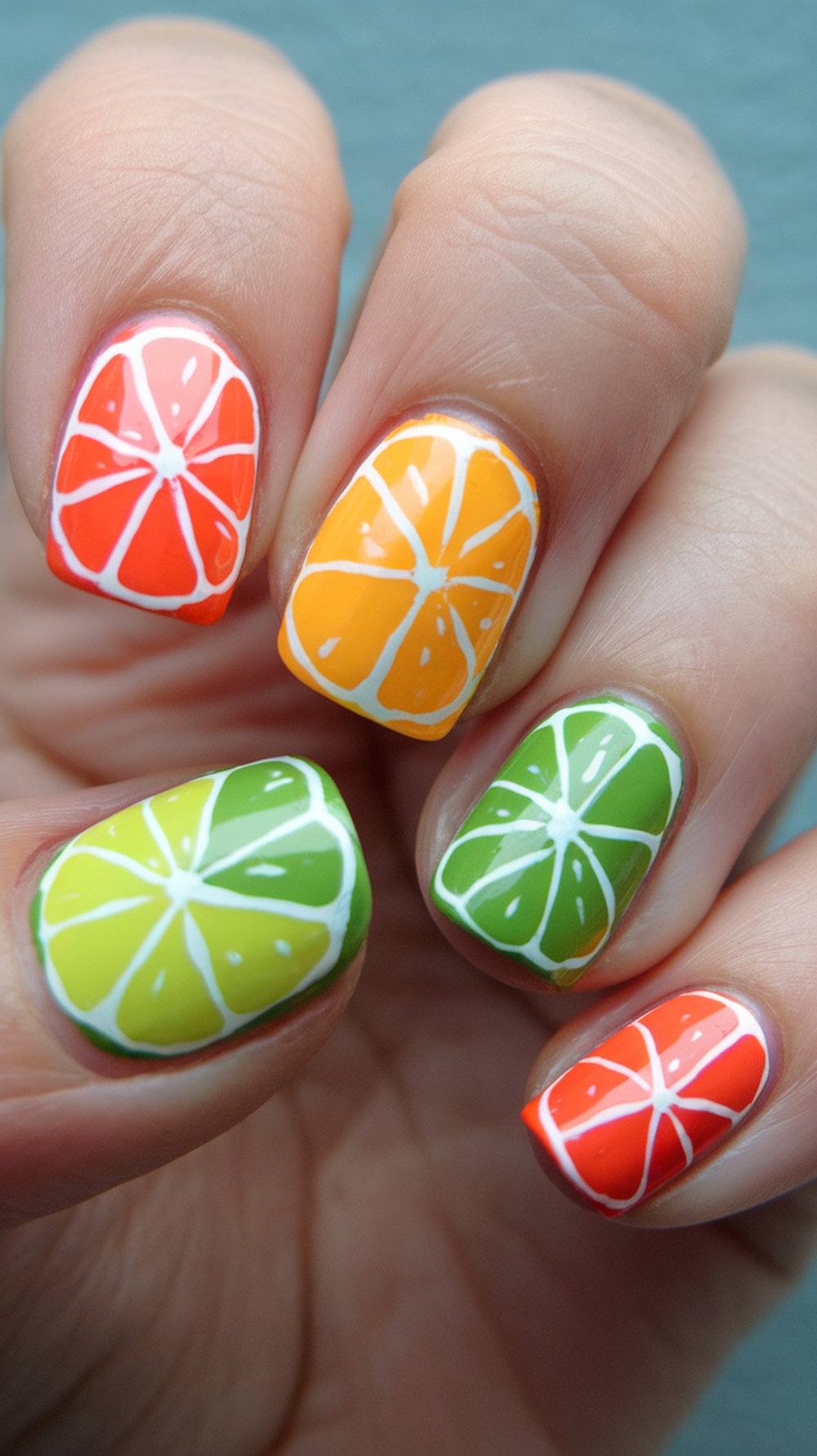 Colorful citrus slice nail art with orange, yellow, and green designs.