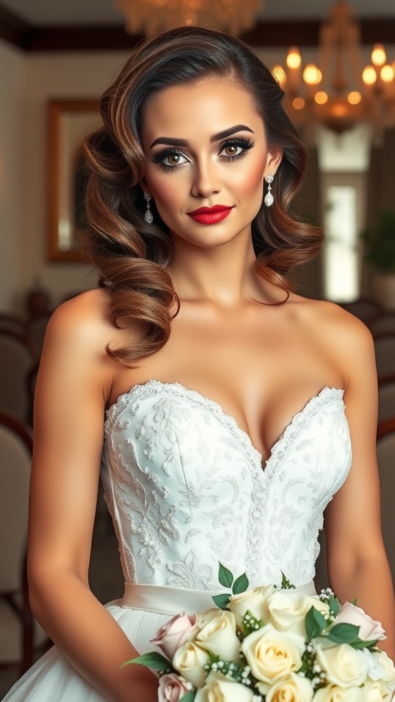 Bride with vintage Hollywood glamour makeup, featuring bold red lips and soft waves.