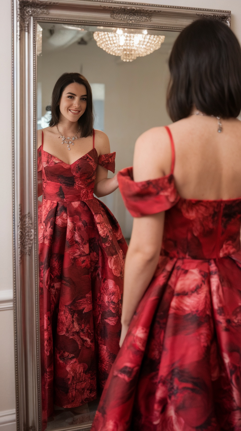 A woman in a red dress looking at herself in a mirror, showcasing her outfit choice for a date night.
