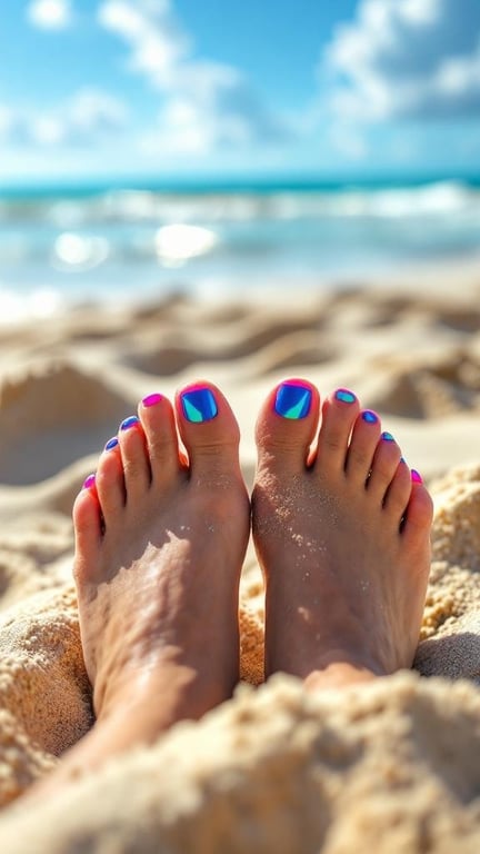 Feet with neon pink and blue toenail polish on a sandy beach