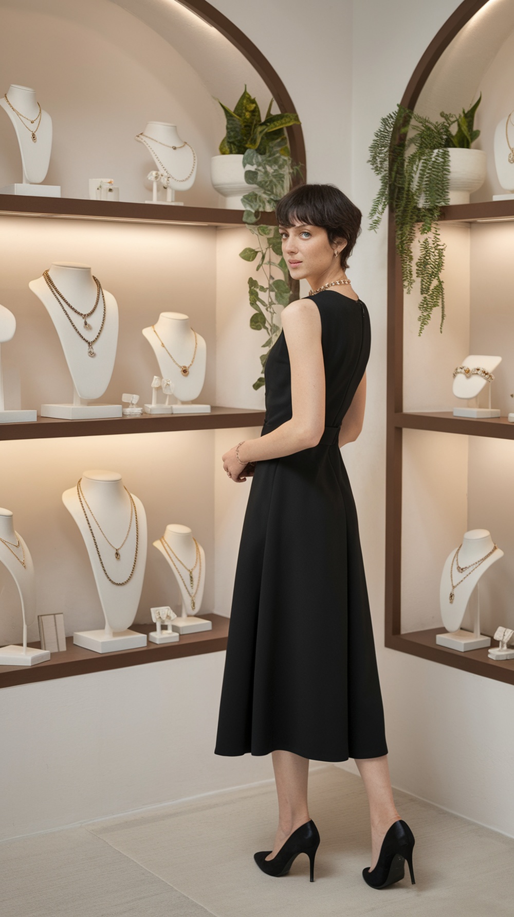 A woman in a black dress stands in front of a jewelry display, showcasing elegant necklaces and earrings.
