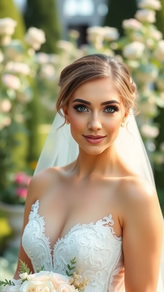 A bride with soft glam makeup, wearing a beautiful wedding dress and holding a bouquet.