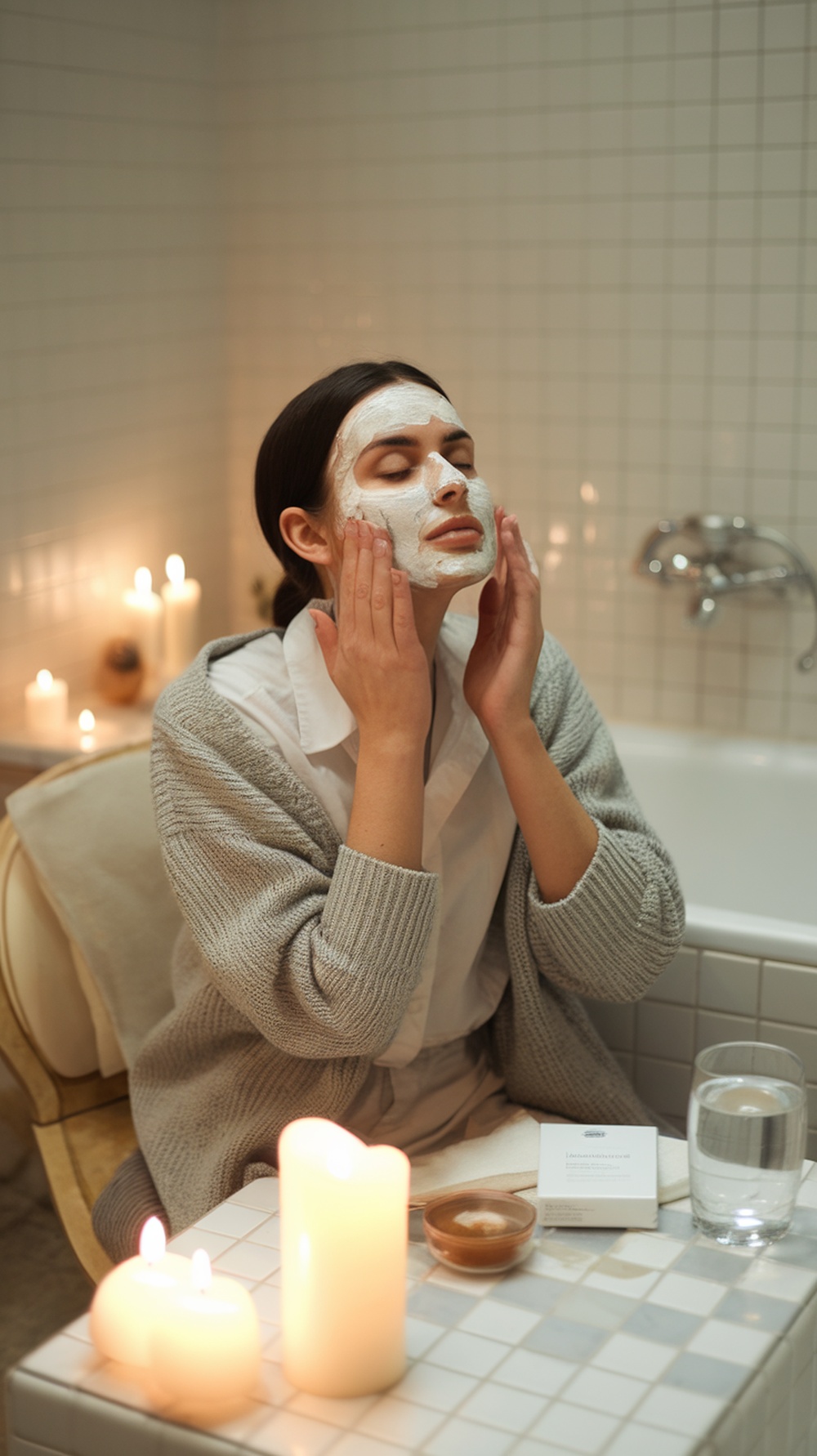 A woman applying a face mask in a cozy bathroom setting with candles.