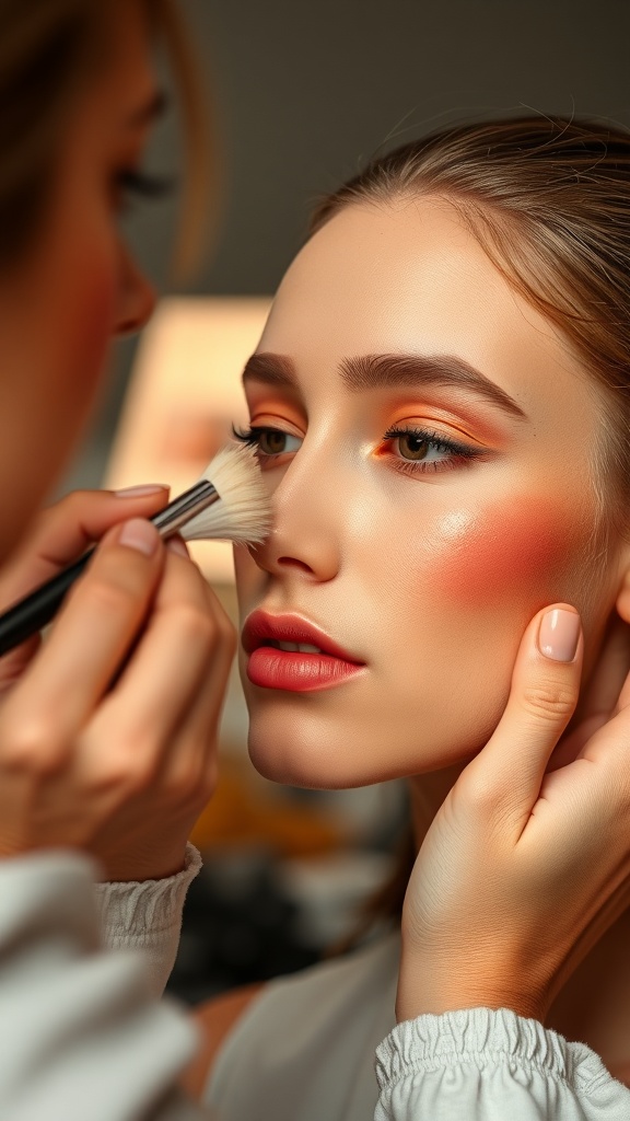 A makeup artist applying blush to a model's cheeks, showcasing a sunset-inspired makeup look.