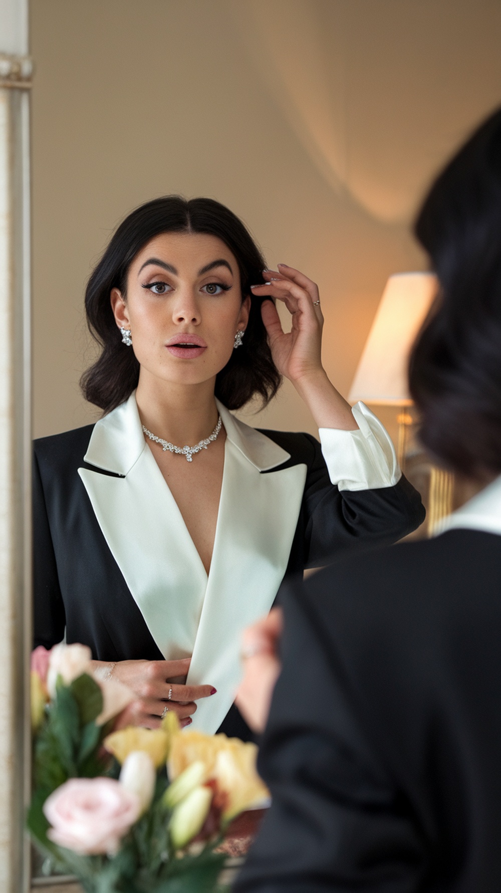 A woman adjusting her hair while looking in the mirror, wearing a stylish black and white outfit and elegant jewelry.