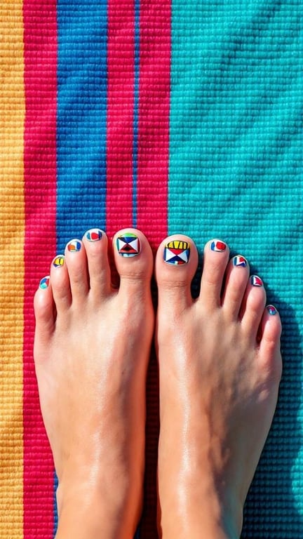 Colorful geometric patterned toenails on a beach towel
