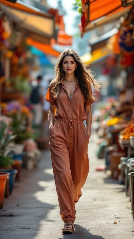 A woman in a brown jumpsuit walking through a colorful market.