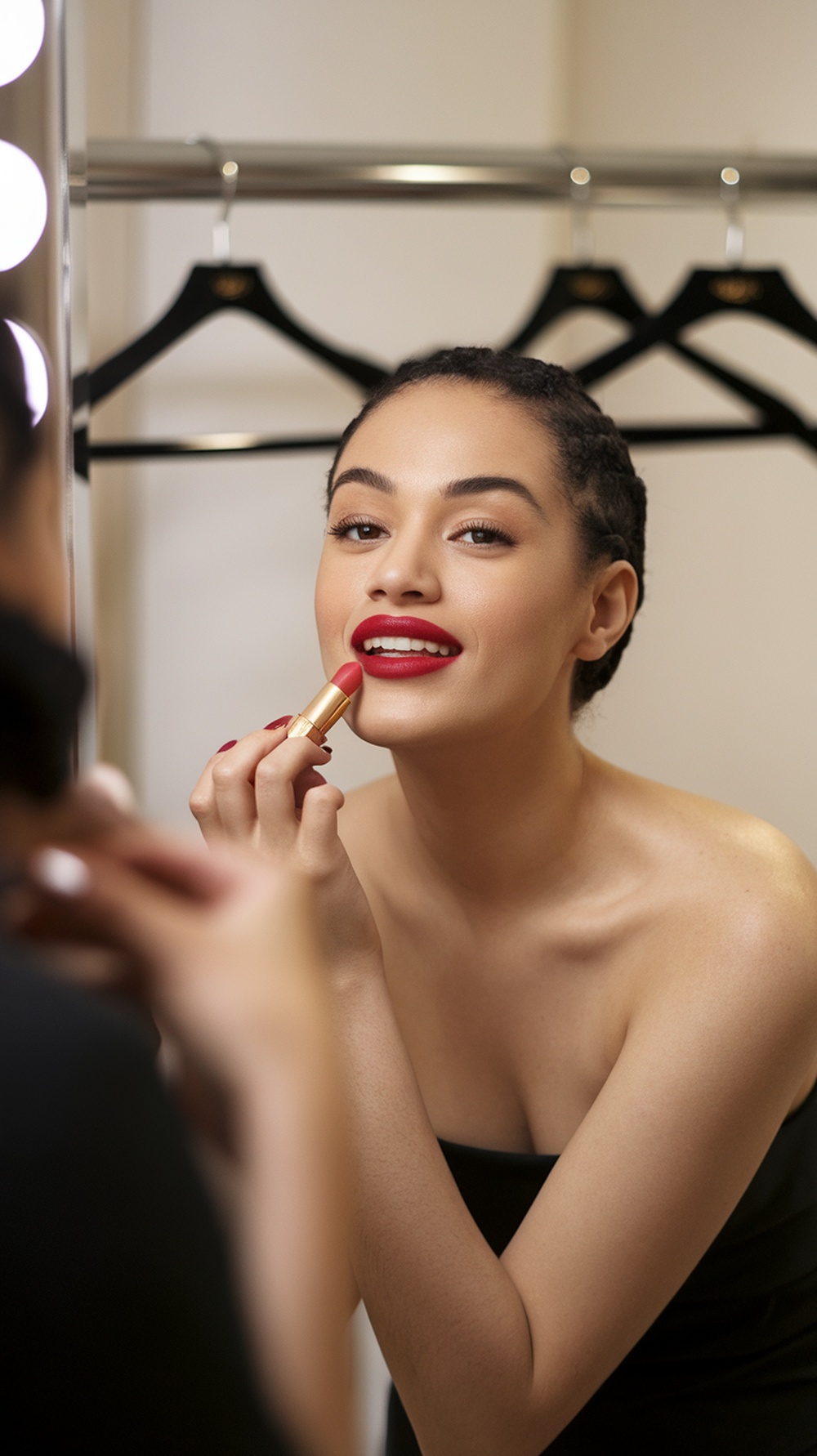 A woman applying bold red lipstick in front of a mirror.