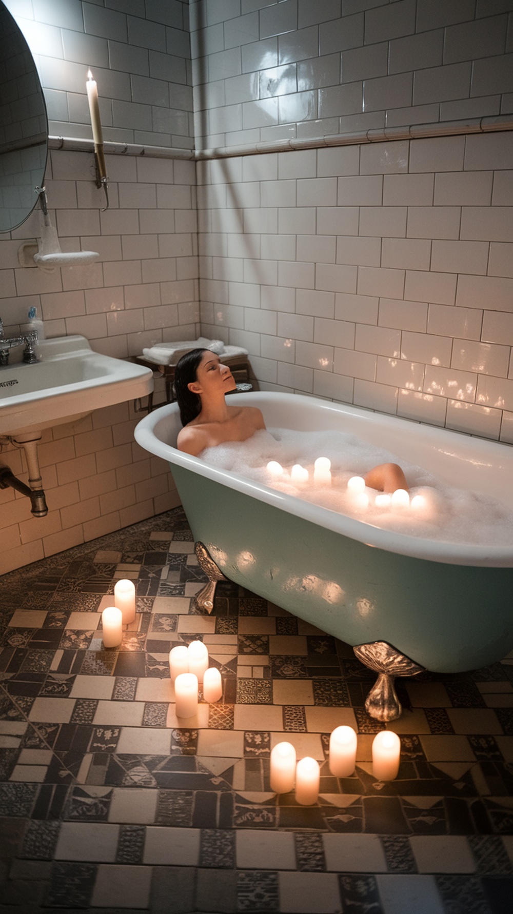 A woman relaxing in a bubble bath surrounded by candles.