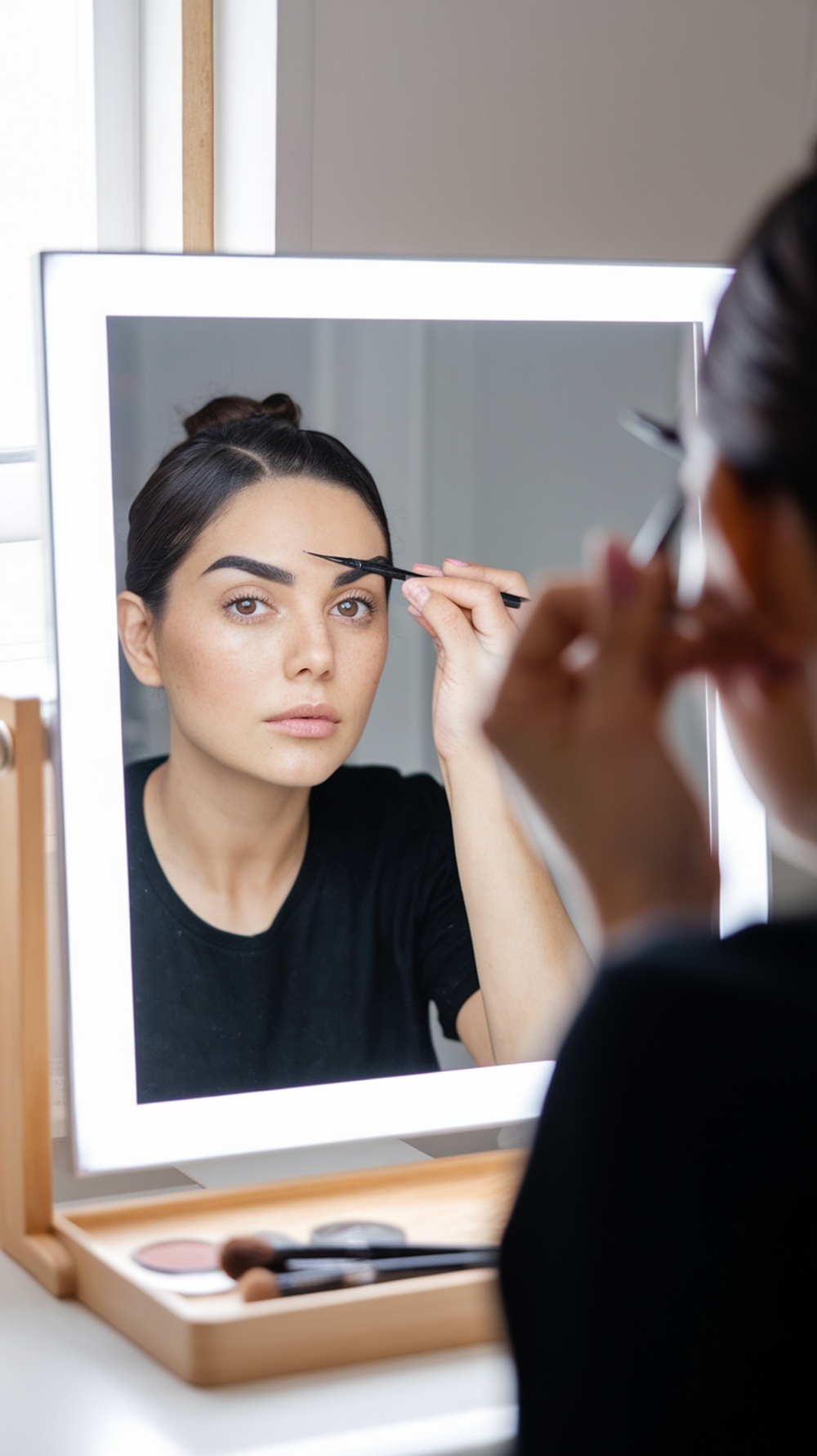 A woman shaping her eyebrows in front of a mirror, focusing on her beauty routine.