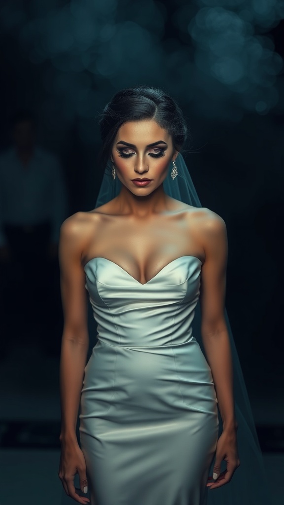 Bride with dramatic smokey eye makeup, wearing a sleek wedding dress and veil.