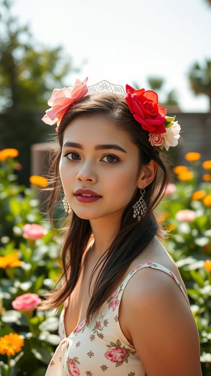 A young woman with floral hair accessories in a garden setting