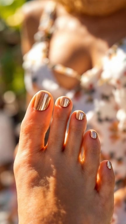 Close-up of a foot with metallic gold toenails, set against a blurred background of a sunny outdoor setting.