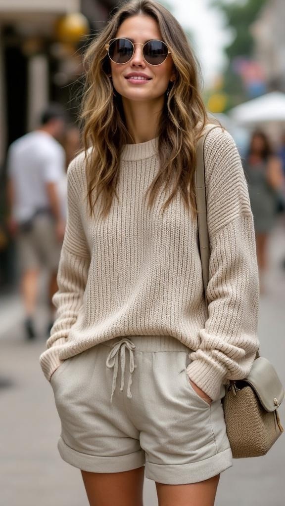 A woman wearing a light beige sweater and shorts, accessorized with sunglasses and a bag, standing outdoors.