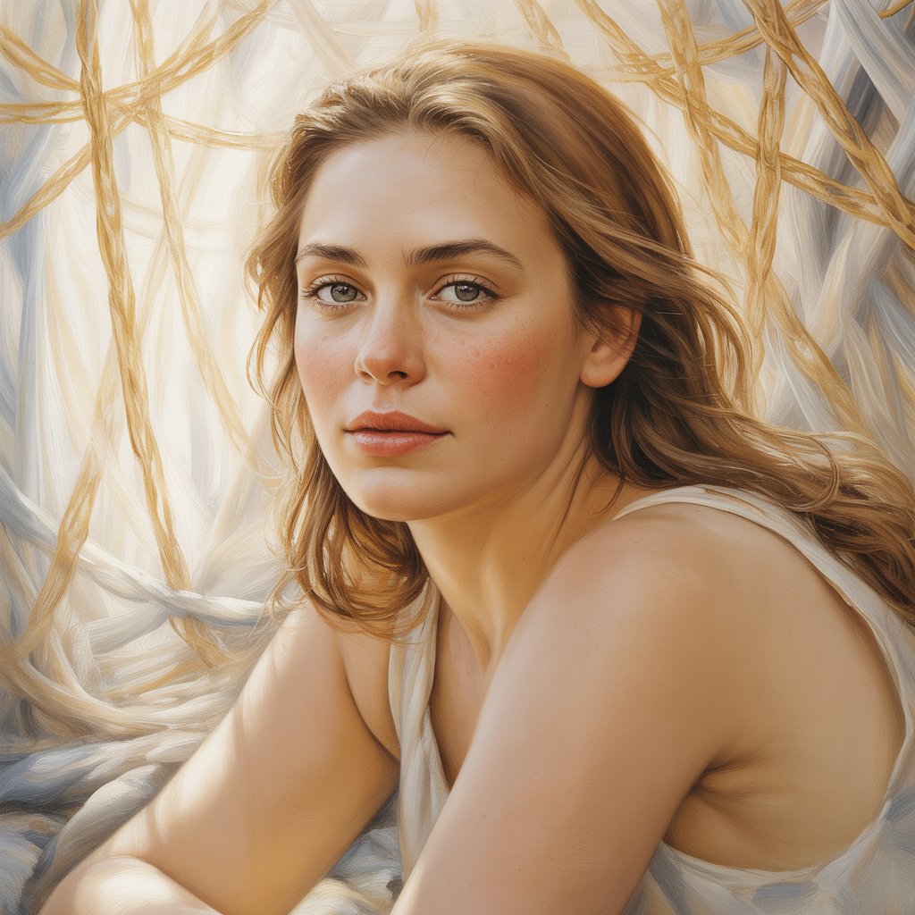 A fine art portrait painting of a woman embodying natural, authentic beauty in warm earth tones and soft brushstrokes. She has gentle, expressive eyes and natural skin with subtle imperfections that add character, her hair flowing loosely around her shoulders in rich chestnut brown. Her pose is relaxed and confident, with a serene expression that radiates inner peace and self-acceptance. The background features an abstract tapestry of interwoven golden threads and organic patterns, symbolizing the interconnected nature of true beauty, bathed in soft, diffused lighting that creates a luminous, contemplative atmosphere.