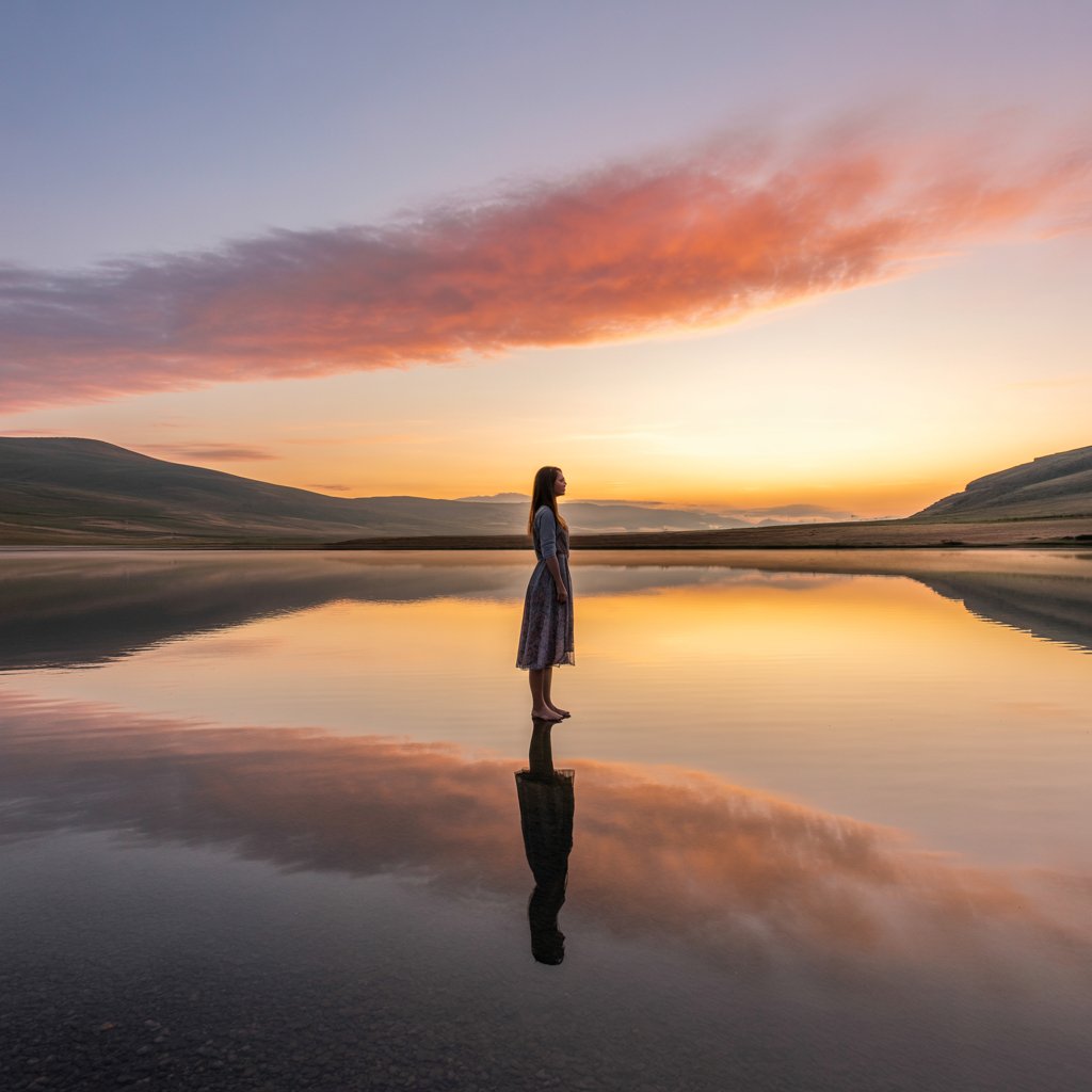 A wide-angle photograph of a solitary woman standing at the edge of a mirror-like lake during the golden hour of sunrise. She stands in a contemplative pose with her arms gently at her sides, silhouetted against the luminous sky, wearing a flowing dress that moves softly in the morning breeze. The perfectly still water creates a flawless reflection of the vibrant coral, amber, and lavender hues painted across the expansive sky, doubling the visual impact of the serene scene. Rolling hills and distant mountains frame the composition, while wisps of morning mist drift across the water's surface, enhancing the sense of tranquil solitude and spiritual connection to nature.