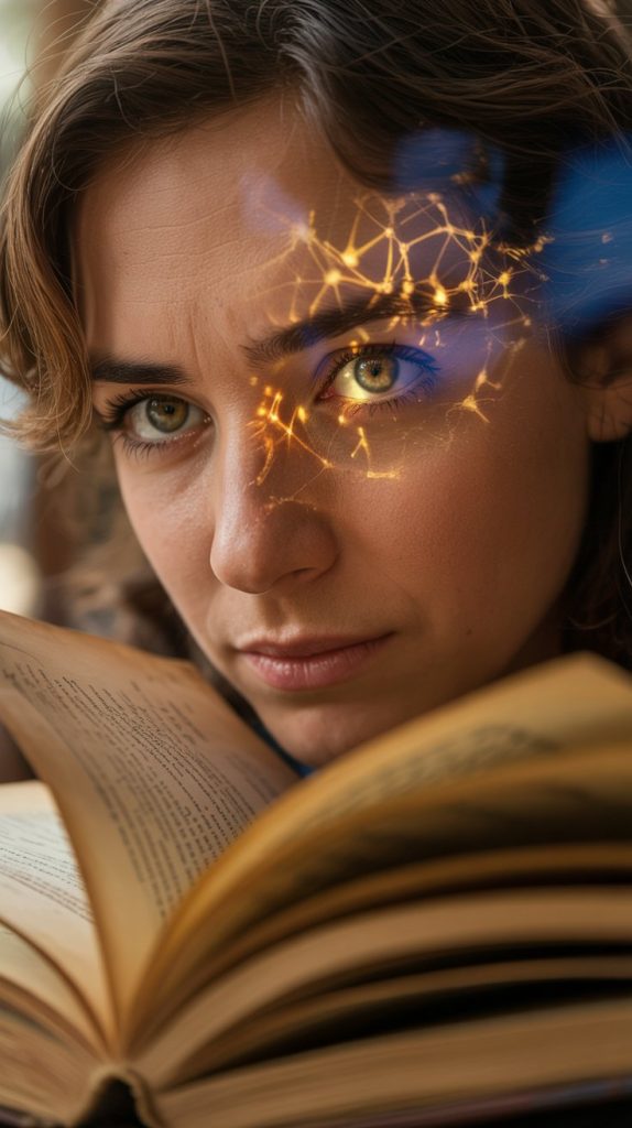 A cinematic close-up photograph of a person's contemplative face as they look up from an open, weathered book with yellowed pages. Their eyes are the focal point, containing vivid reflections of intricate neural network patterns that shimmer like golden constellations against deep blue depths, symbolizing the firing synapses of creative thought. Soft, warm lighting illuminates one side of their face while casting gentle shadows that emphasize the texture of the aged book below. The background fades into a dreamy bokeh of amber and sepia tones, creating an intimate atmosphere of intellectual discovery and wonder.