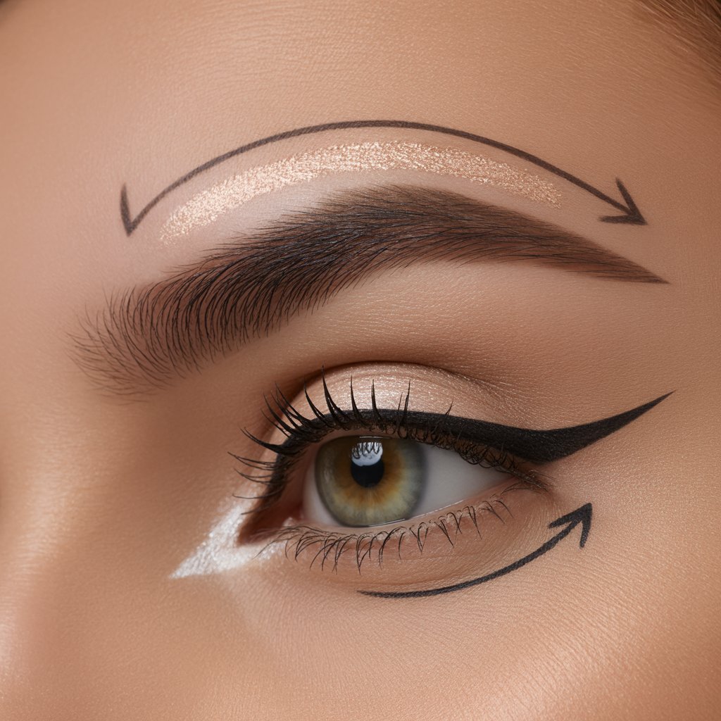 A close-up beauty photograph showcasing a perfectly sculpted eyebrow and eye with flawless makeup application. The brow features a precise arch with individual hairs clearly defined, while the eye displays expertly blended eyeshadow in neutral tones with sharp winged eyeliner and long, defined lashes. Two sleek arrows point to strategic highlight placement: one indicating the area just beneath the brow's arch, and another at the inner corner of the eye, both spots glowing with a subtle champagne shimmer that catches the light. The image is shot with professional studio lighting against a clean background, emphasizing the technical precision of the makeup artistry and highlighting techniques.