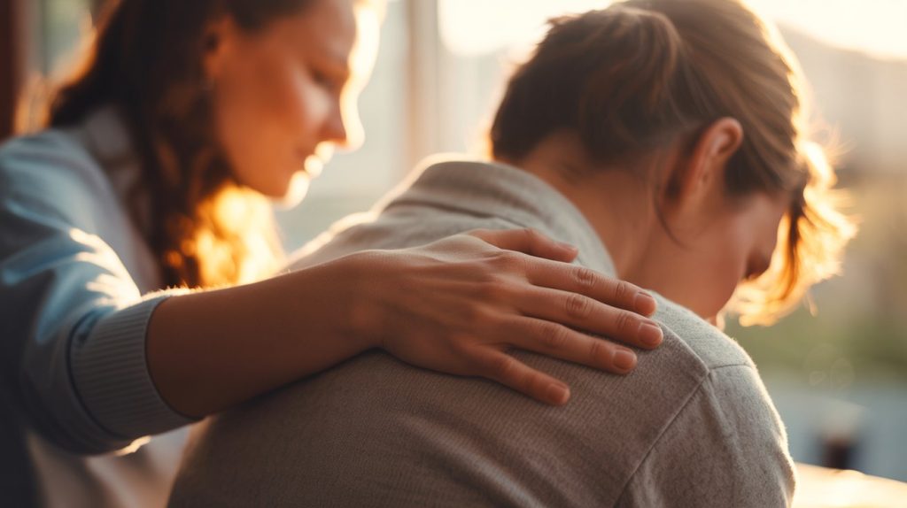 A realistic photograph captured from behind, showing one person's hand gently resting on another's shoulder in a tender gesture of comfort and support. The hand appears relaxed and caring, with fingers naturally curved against the soft fabric of a sweater or shirt, while the recipient's posture suggests they are leaning slightly into the touch. The scene is bathed in warm, golden hour lighting that creates a soft glow around the figures and casts gentle highlights on their hair and clothing. The background is softly blurred with bokeh effects, focusing attention on this intimate moment of human connection and emotional support.