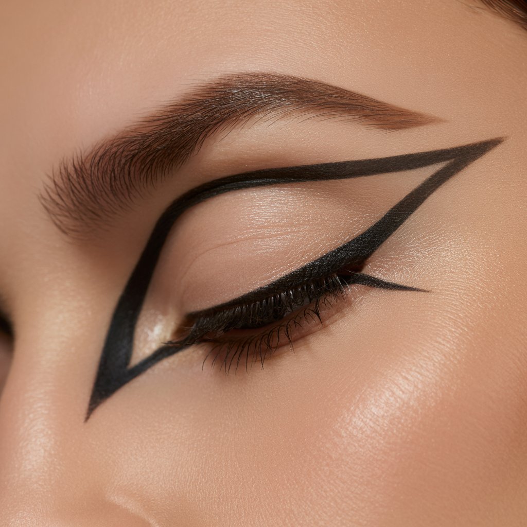 A close-up beauty photograph showcasing a closed eye with dramatic angular eyeliner in an unusual "bat wing" shape. The black eyeliner creates sharp, geometric wings that extend outward from the eye with a distinctive gap or negative space in the middle section, resembling the silhouette of bat wings. The skin around the eye is flawless with a subtle highlight on the lid, and long dark lashes frame the closed eye elegantly. The lighting is soft and even, emphasizing the precise lines and creating gentle shadows that accentuate the artistic makeup design.