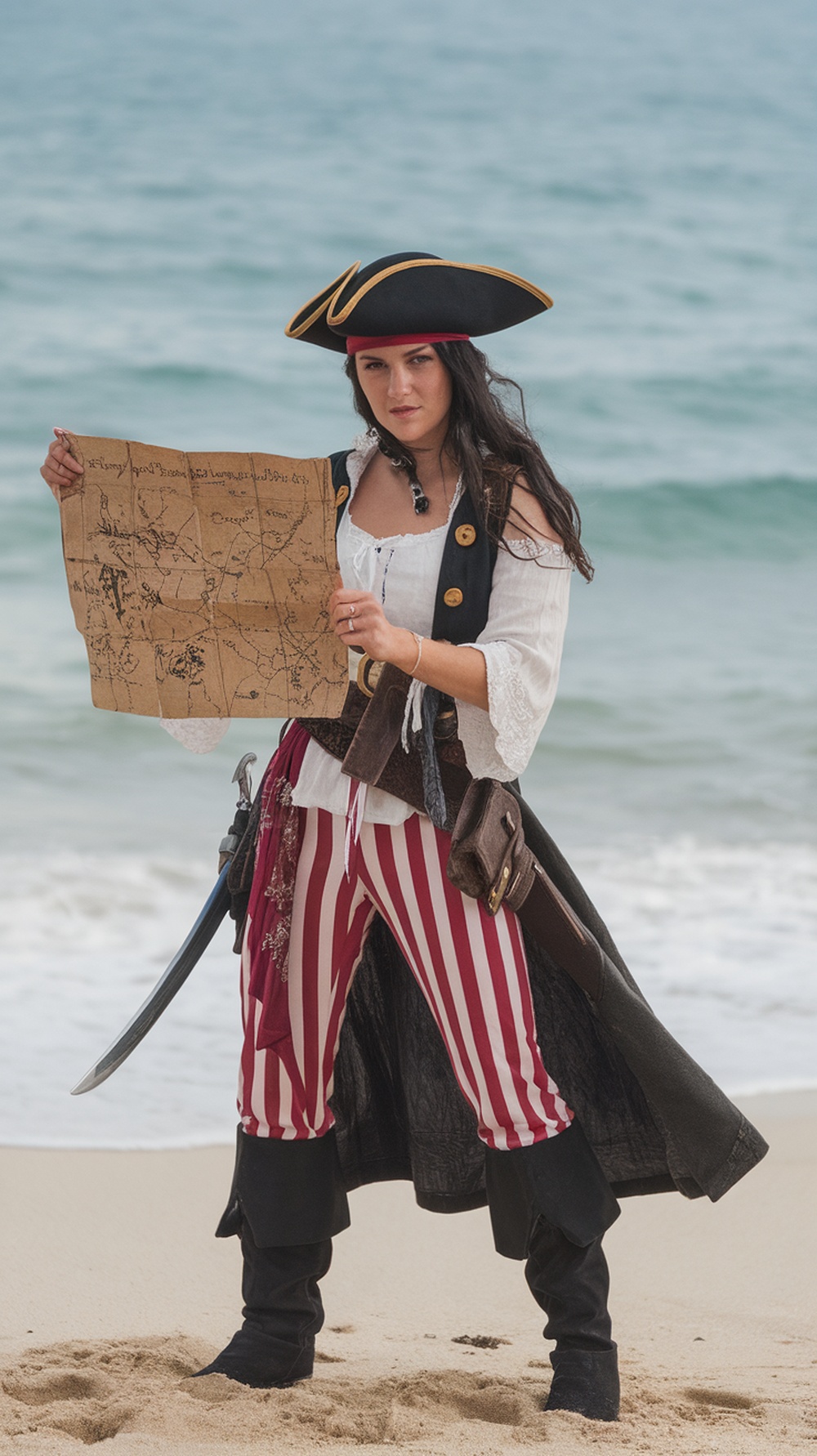A woman dressed in a pirate costume holding a treasure map on a beach