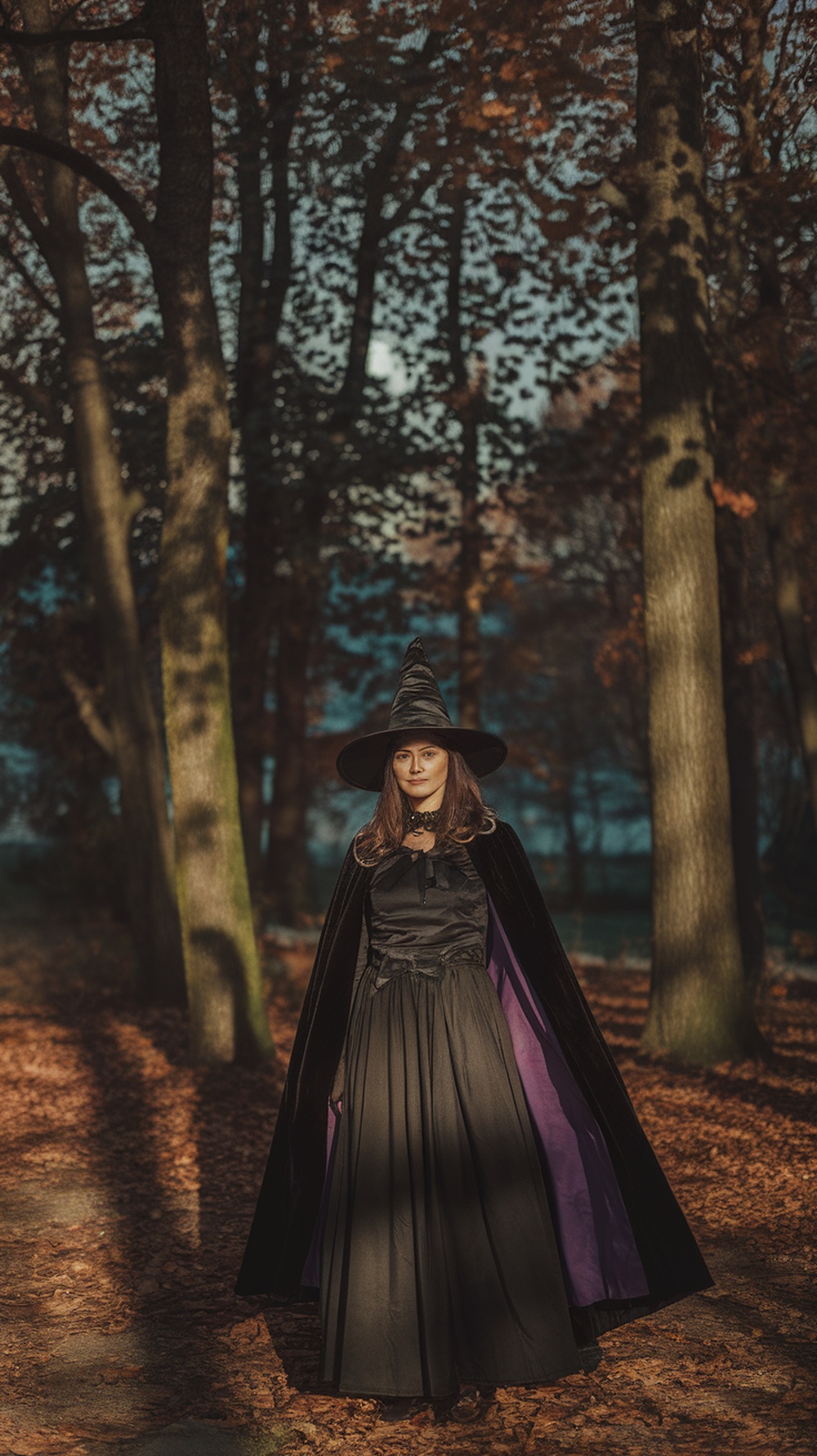 A woman in a classic witch costume with a black dress and pointed hat standing in a forest with autumn leaves.