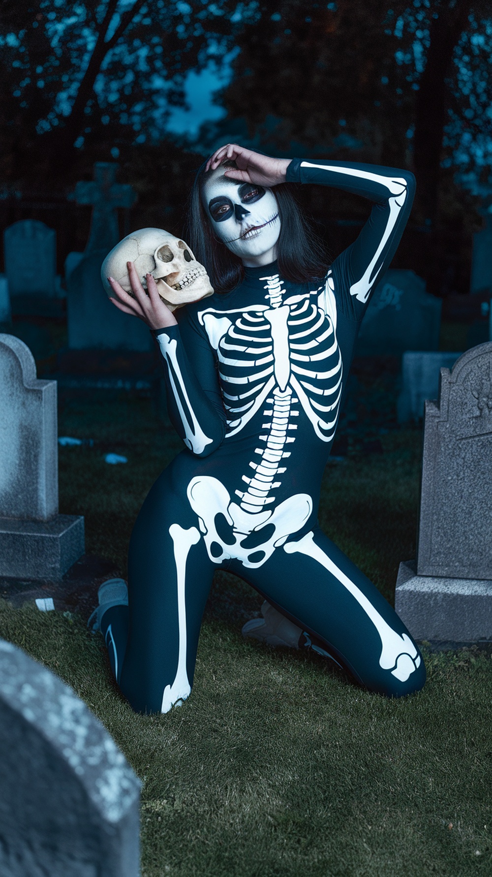 Woman in a skeleton costume holding a skull in a graveyard