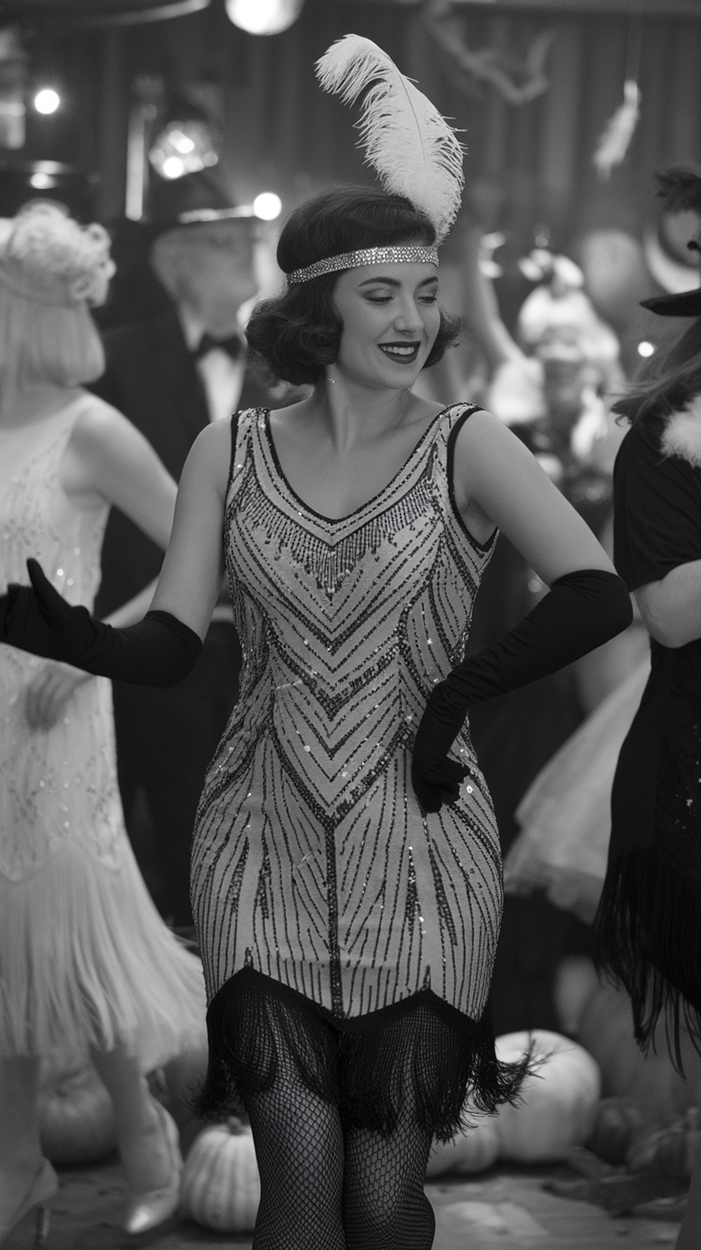 A woman dressed as a glamorous 1920s flapper, wearing a sequined dress and a feathered headband, dancing at a party.
