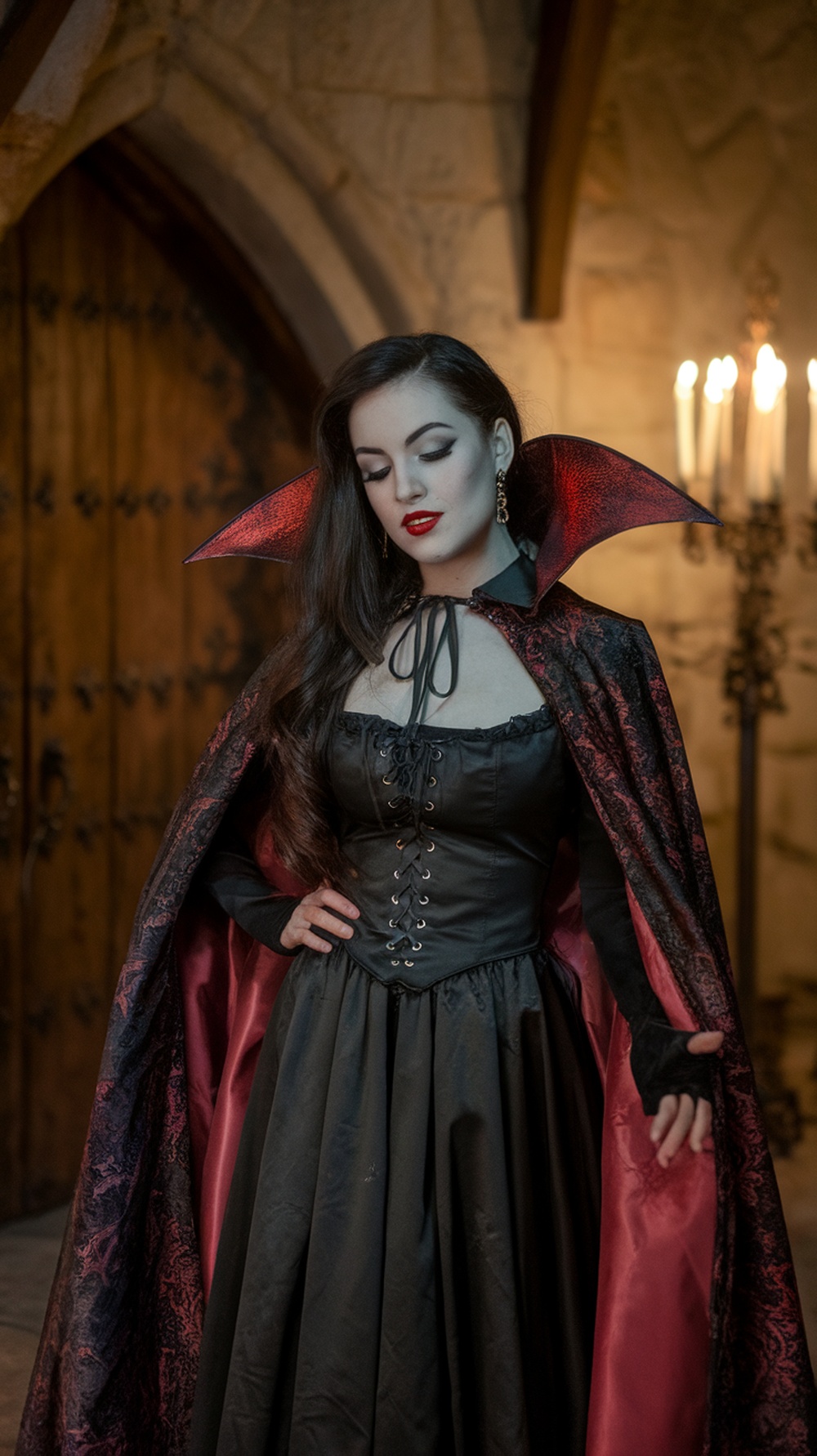 A woman in a vintage vampire costume with a black dress and red-lined cape, showcasing a classic Halloween look.