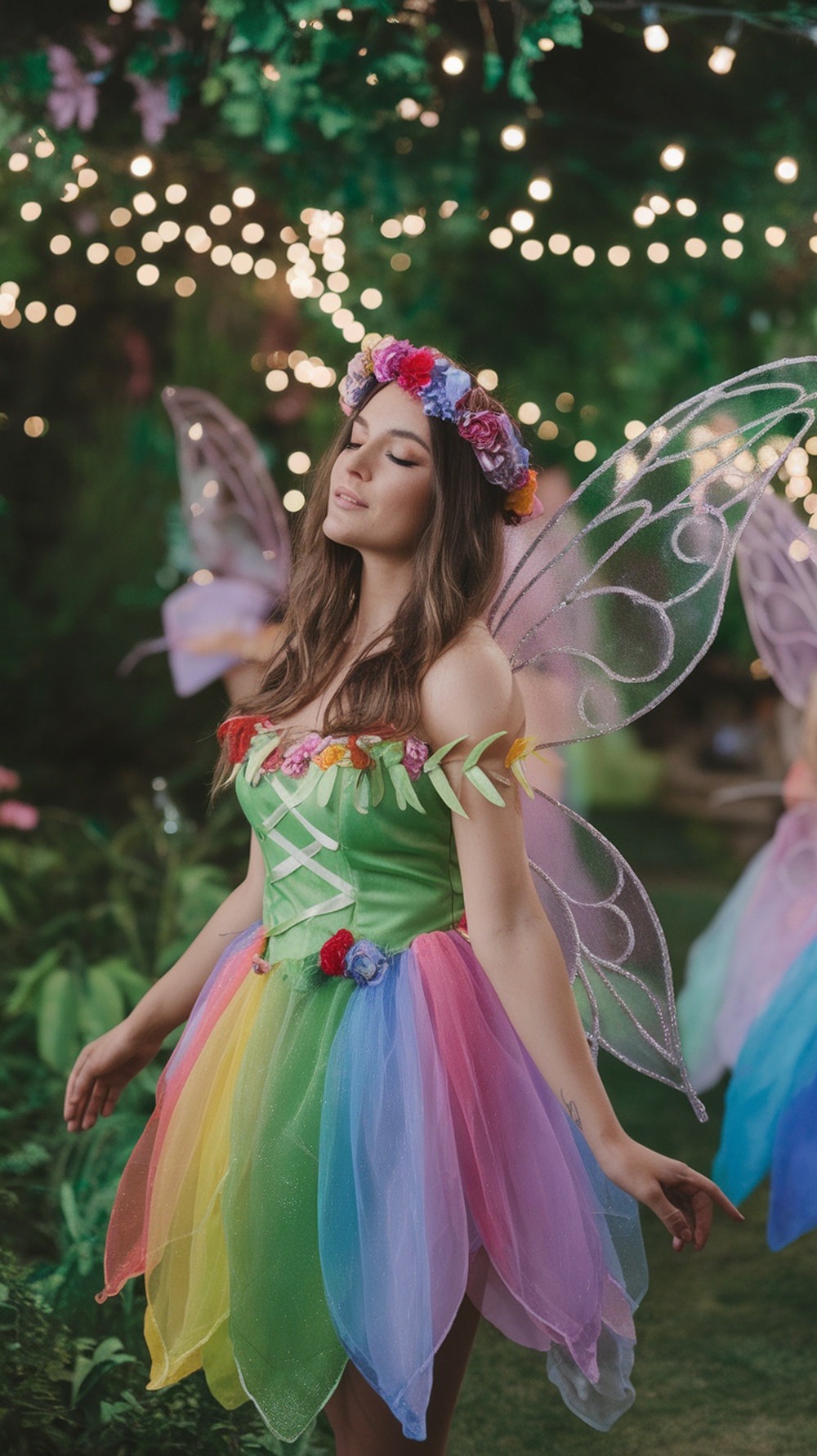 A woman in a colorful fairy costume with wings and a flower crown, surrounded by twinkling lights.